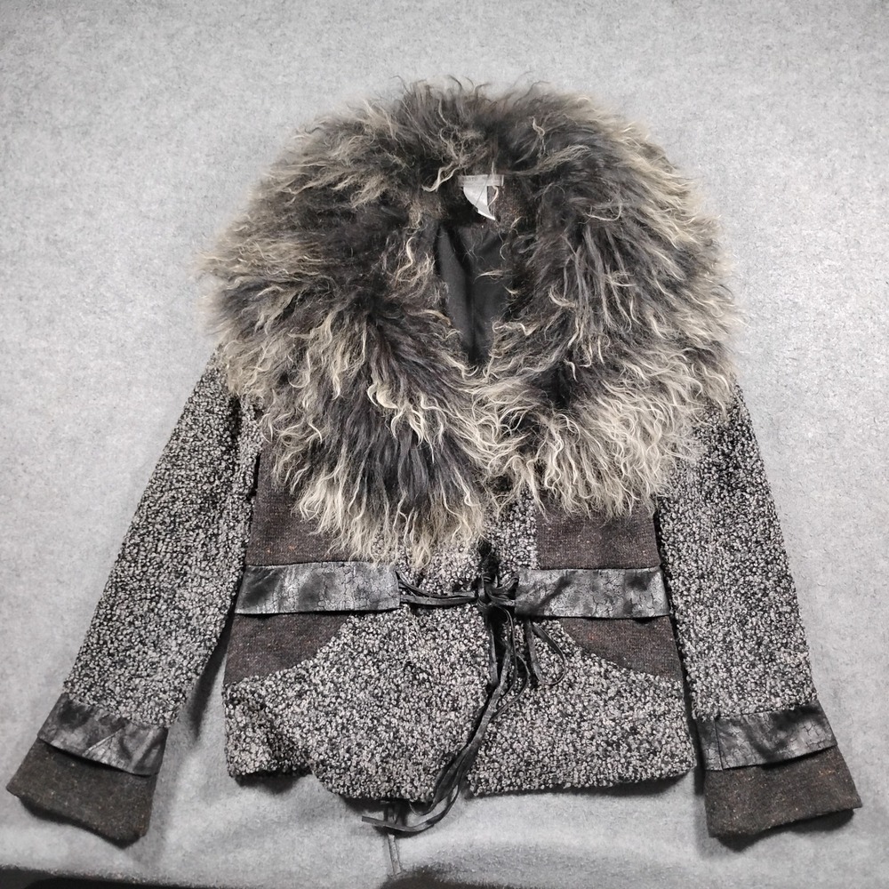 Alberto Makali Women's Grey Boucle Wool Blend Real Lamb Fur Collar Jacket XL
